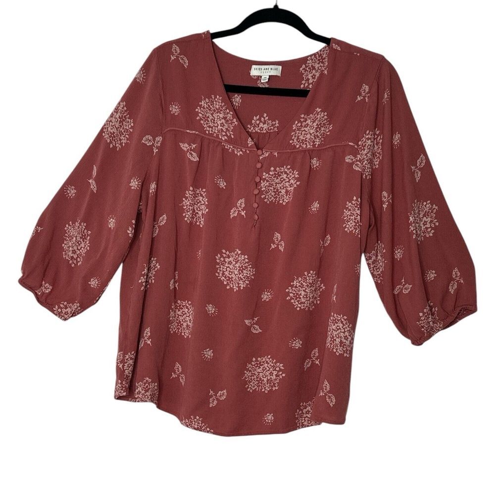 Skies Are Blue Curvy Blouse Women 2X Dusty Pink Floral Tunic Top Plus 3/4 Sleeve